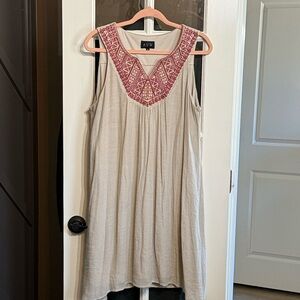 AUW Boho Peasant Sleeveless  Beige Shift Dress w/ Red Embroidery Size 16